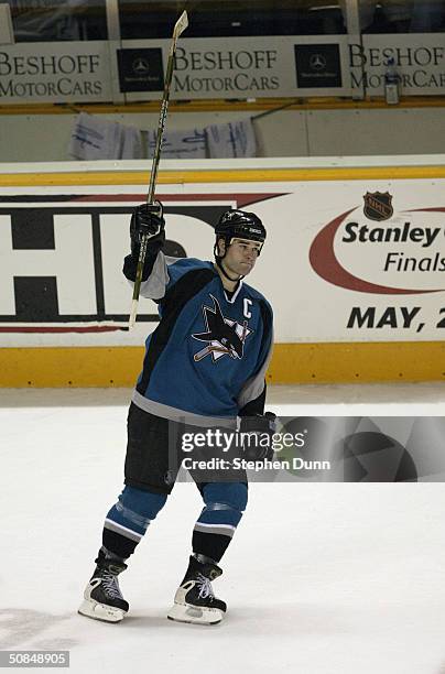 Patrick Marleau of the San Jose Sharks acknowledges the fans after defeating the St. Louis Blues 3-1 in game two of the Western Conference...