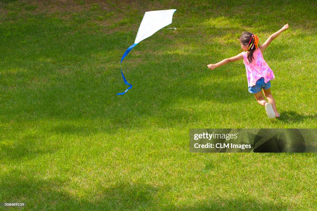 Child flying a kite in a grassy field, lawn