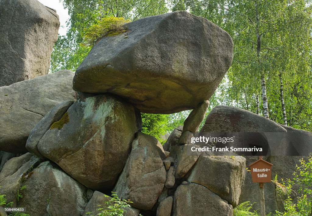 Mausefalle or mousetrap rock formation, near Goslar, Harz, Lower Saxony, Germany