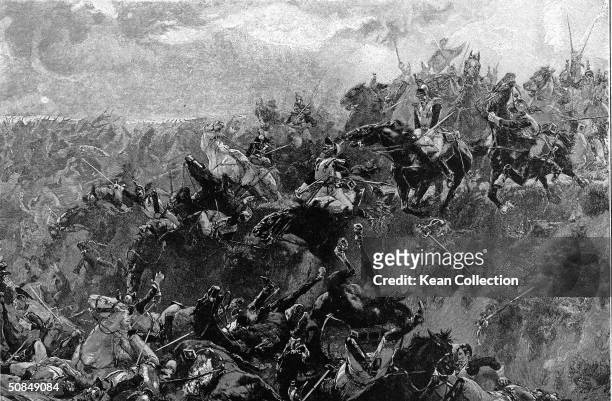 Engraving depicting the French Cuirassiers charging the British line at the Battle of Waterloo, captioned 'The Chasm of Death at Waterloo,' June 18,...