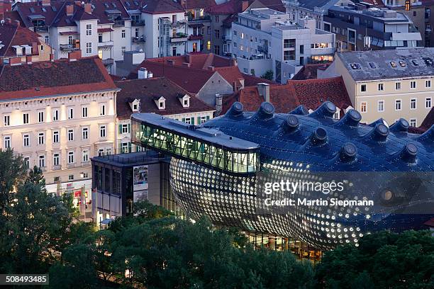 kunsthaus, art house, view from schlossberg, castle hill, graz, styria, austria, europe, publicground - graz austria stock pictures, royalty-free photos & images