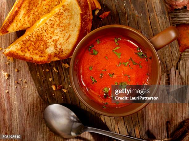 tomato soup with grilled cheese sandwich - soup and sandwich stock pictures, royalty-free photos & images