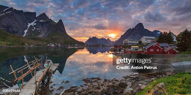 sunset on the lofoten islands, village reine - fishing village stock pictures, royalty-free photos & images