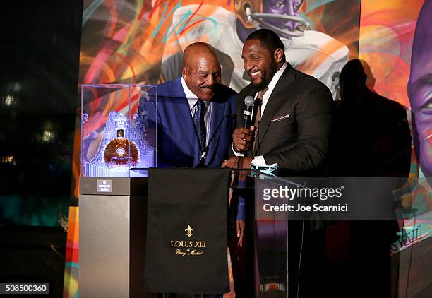 Former Cleveland Browns running back and NFL Hall of Famer Jim Brown and ESPN personality Ray Lewis attend Haute Living And Louis XIII Celebrate Jim...