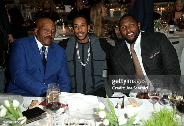 Former Cleveland Browns running back and NFL Hall of Famer Jim Brown, rapper Ludacris, and ESPN personality Ray Lewis attend Haute Living And Louis...