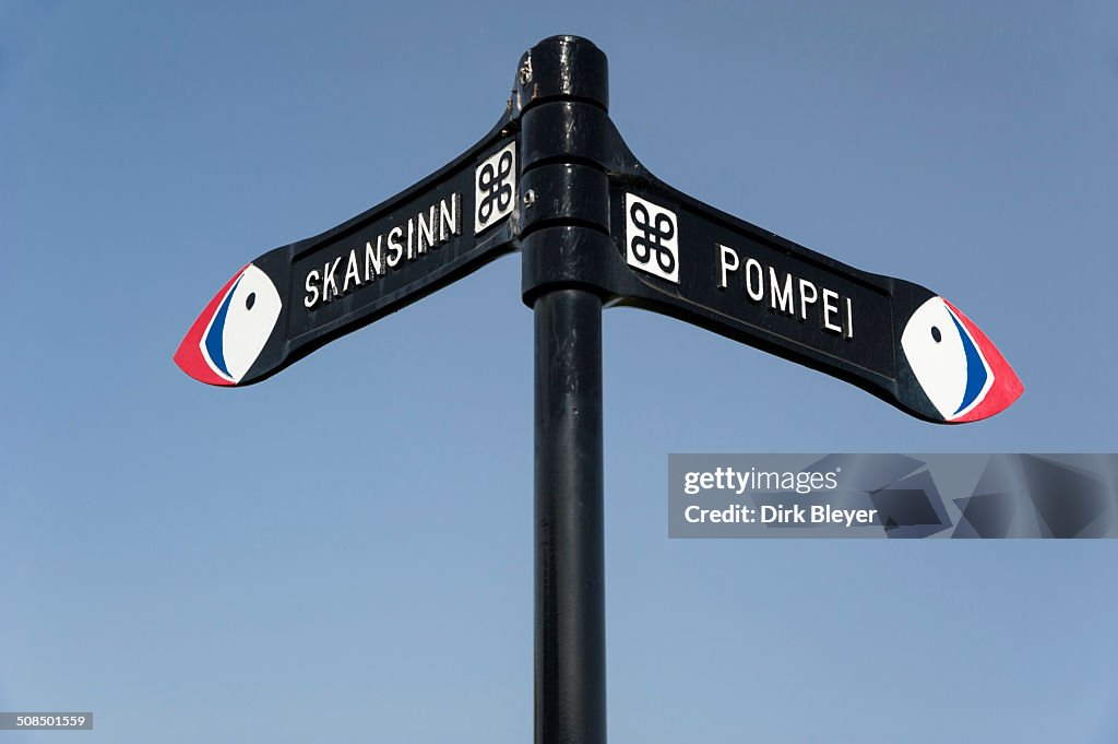 Signposts Pompei and Skansinn, town of Vestmannaeyjar, Heimaey Island, Westman Islands, south Iceland or Suourland, Iceland, Europe