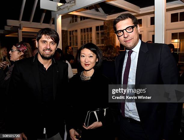 Chef Ludo Lefebvre, Mme Fleur Pellerin, French Minister of Culture and Communications and Christophe Lemoine, French Consul General pose at a...