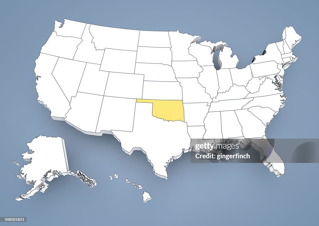 Oklahoma, OK, highlighted on a contour map of USA, United States of America, 3D illustration