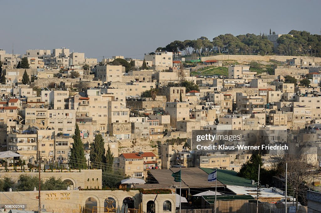 Main entrance to the City of David, bottom, and the Palestinian neighbourhood of Silwan, top, Jerusalem, Israel, Middle East