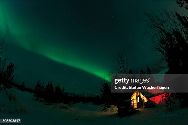 illuminated, lit wall tent, cabin with swirling northern polar lights, aurora borealis, green, near whitehorse, yukon territory, canada - whitehorse - fotografias e filmes do acervo