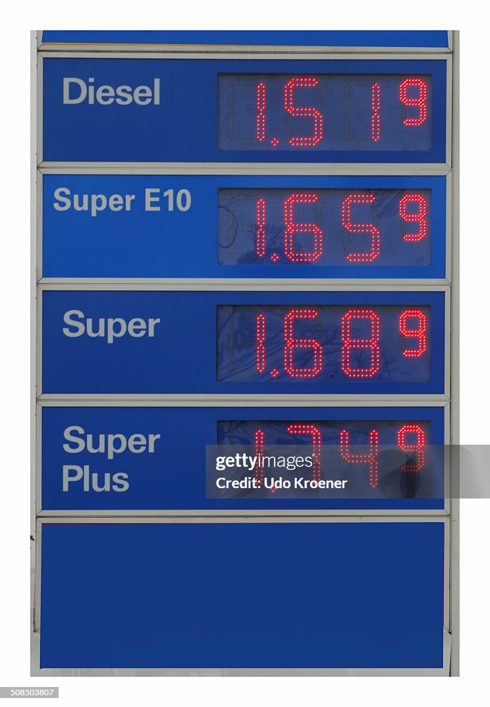 Sign with petrol prices at a petrol station, Germany, Europe