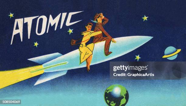 Atomic illustration of a man and woman riding a rocket in space, c. 1940. Screen print.