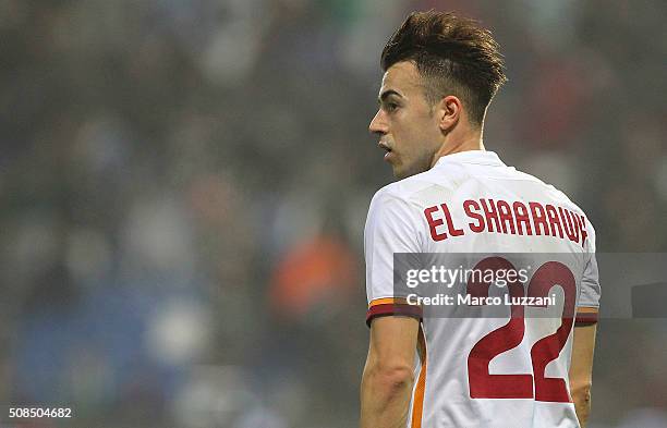 Stephan El Shaarawy of AS Roma looks on during the Serie A match between US Sassuolo Calcio and AS Roma at Mapei Stadium - Città del Tricolore on...