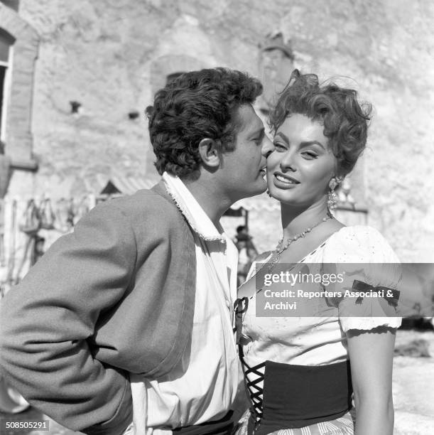 Italian actress Sophia Loren and actor Marcello Mastroianni, as Carmela and Luke, on the set of the film 'The Miller's Beautiful Wife' , 1954.