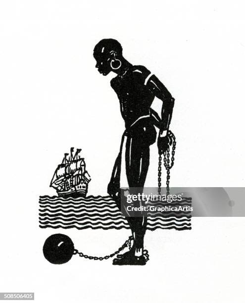 Vintage illustration of a chained African slave standing in front of a slave ship, lithograph, 1930.