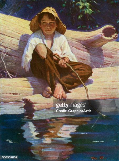 Vintage illustration of Mark Twain's Huckleberry Finn, fishing with a switch on a lake, c. 1925. Screen print.