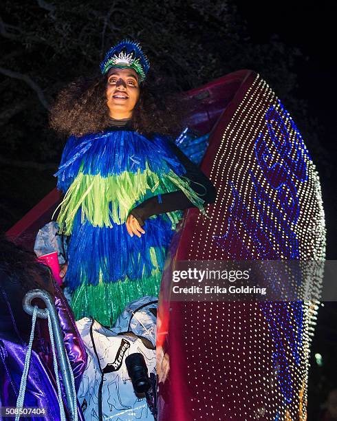 Solange Knowles rides in the Krewe of Muses parade on February 4, 2016 in New Orleans, Louisiana.