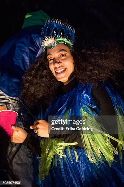 Solange Knowles rides in the Krewe of Muses parade on February 4, 2016 in New Orleans, Louisiana.