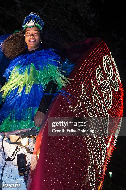 Solange Knowles rides in the Krewe of Muses parade on February 4, 2016 in New Orleans, Louisiana.