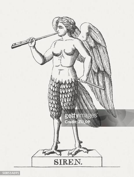 siren, mythical creatures of greek mythology, wood engraving, published 1878 - legends 2014 stock illustrations