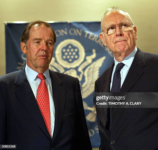 Commissioner Thomas Kean and Vice Chairman Lee Hamilton arrive to hear testimony during the National Commission on Terrorist Attacks Upon the United...