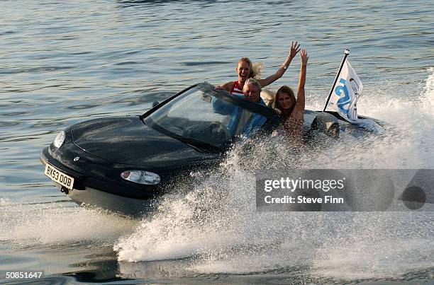 An amphibious car, for land and sea travel, is seen during the 57th Cannes Film Festival on May 18, 2004 in Cannes, France. The car is housed on a...
