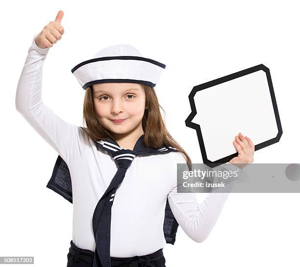 sailor girl with speech bubble - sailor arm stockfoto's en -beelden