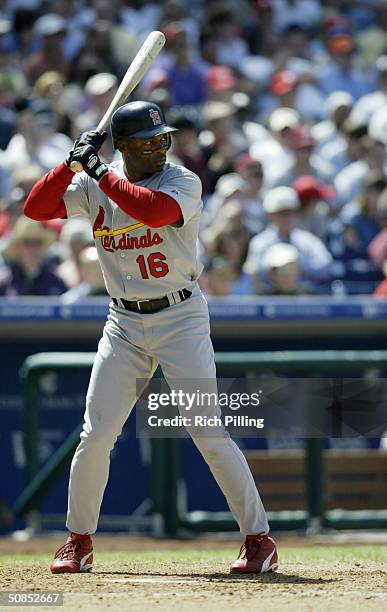 Right fielder Reggie Sanders of the St. Louis Cardinals at bat during the game against the Philadelphia Phillies at Citizens Bank Park on May 6, 2004...