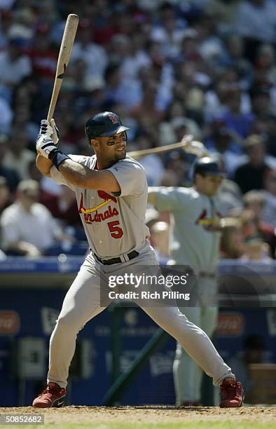 First baseman Albert Pujols of the St. Louis Cardinals at bat during the game against the Philadelphia Phillies at Citizens Bank Park on May 6, 2004...