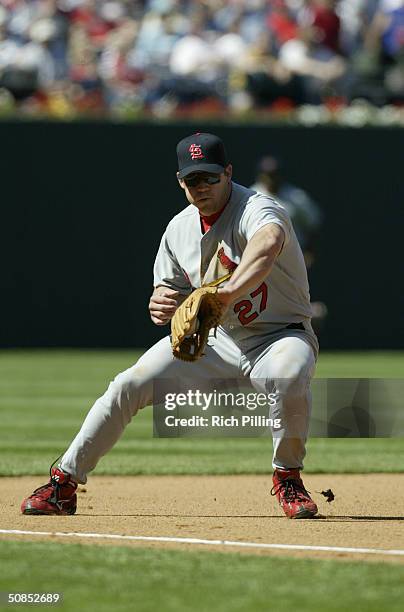 Third baseman Scott Rolen of the St. Louis Cardinals fields a grounder during the game against the Philadelphia Phillies at Citizens Bank Park on May...