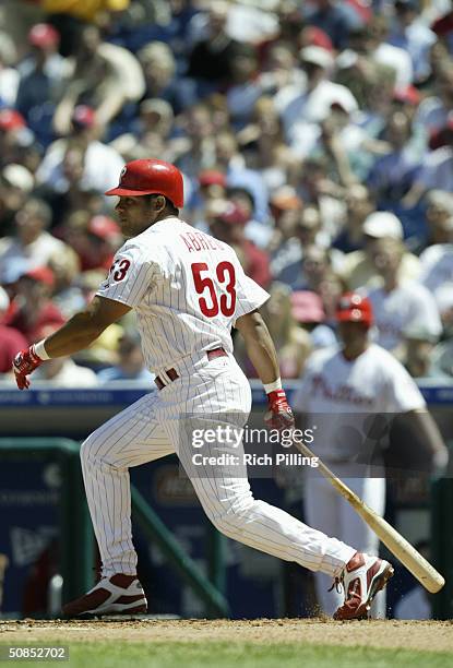 Right fielder Bobby Abreu of the Philadelphia Phillies at bat during the game against the St. Louis Cardinals at Citizens Bank Park on May 6, 2004 in...