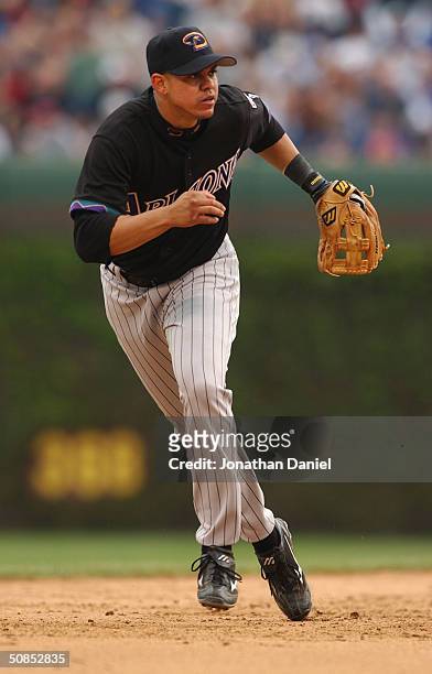 Shortstop Alex Cintron of the Arizona Diamondbacks in the field during the game against the Chicago Cubs on May 6, 2004 at Wrigley Field in Chicago,...