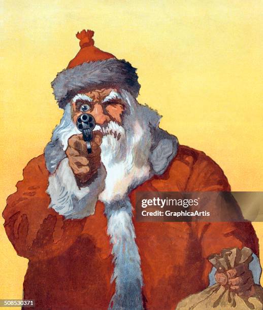 Vintage illustration titled 'Hands Up!,' depicting Santa Claus pointing a handgun at the viewer, 1912. Screen print.