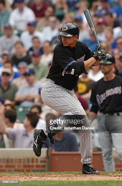 Third baseman Alex Cintron of the Arizona Diamondbacks at bat during the game against the Chicago Cubs on May 6, 2004 at Wrigley Field in Chicago,...