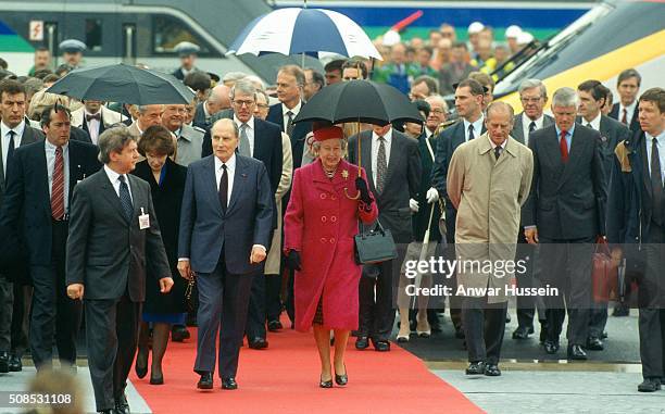 Queen Elizabeth II and President Francois Mitterrand officially open the Channel Tunnel on May 06, 1994 in Calais, France.