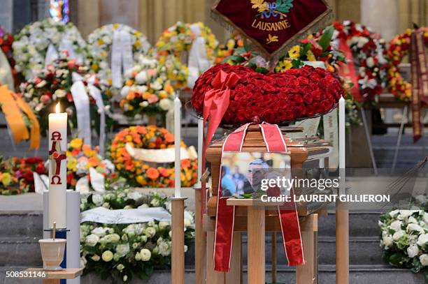 The coffin of Swiss French chef Benoit Violier are seen during his funeral ceremony at the Cathedral of Lausanne, western Switzerland, on February 5,...