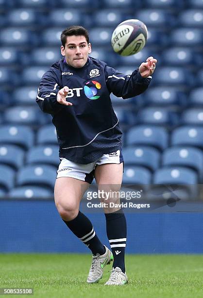 Sam Hidalgo-Clyne passes the ball during the Scotland captain's run at Murrayfield Stadium on February 5, 2016 in Edinburgh, Scotland.
