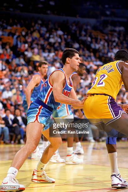 Drazen Petrovic of the New Jersey Nets covers Earvin Magic Johnson of the Los Angeles Lakers during a 1990-91 season game at the Great Western Forum...