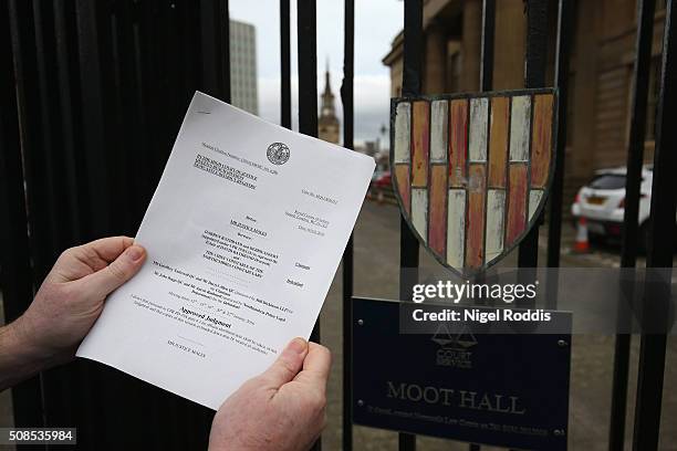 The judgement statement photographed outside Newcastle Crown Court after the family of PC David Rathband lost the civil court case they brought...