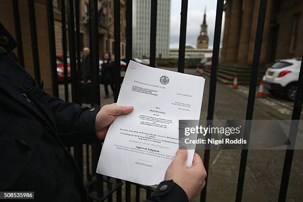 The judgement statement photographed outside Newcastle Crown Court after the family of PC David Rathband lost the civil court case they brought...