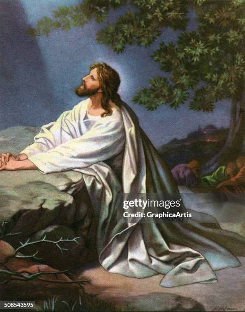 Christ in the Garden of Gethsemane by Heinrich Hofmann, 1930s. Color print.