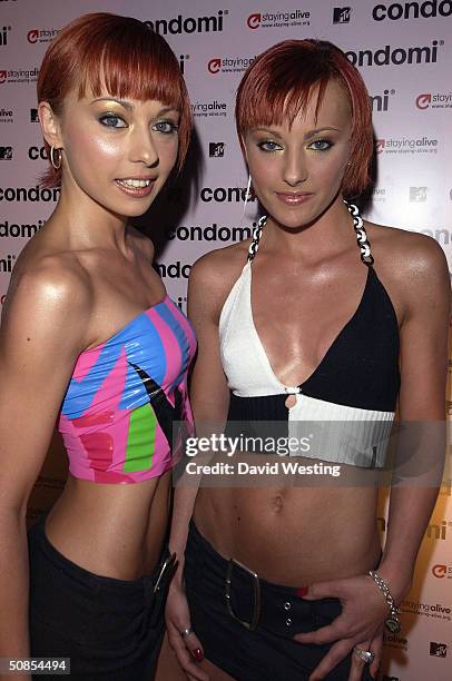 The Cheeky Girls attend the MTV Condom launch party at No 5 Cavendish Square May 18, 2004 in London. A MTV branded prophylactic aimed at 16 to...