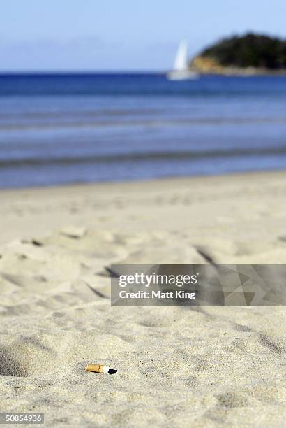 Discarded cigarette butt lies on Manly Beach May 19, 2004 in Sydney, Australia. Waverley Council has passed a motion to investigate the legalities...