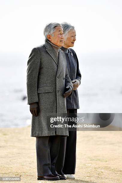 Emperor Akihito and Empress Michiko stroll outside the Hayama Imperial Villa on February 5, 2016 in Hayama, Kanagawa, Japan.