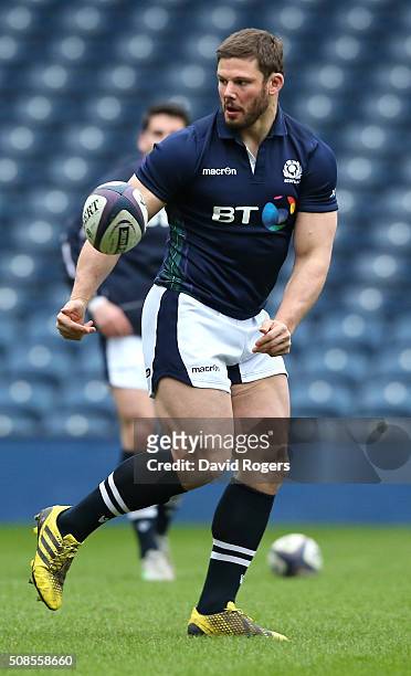 Ross Ford passes the ball during the Scotland captain's run at Murrayfield Stadium on February 5, 2016 in Edinburgh, Scotland.