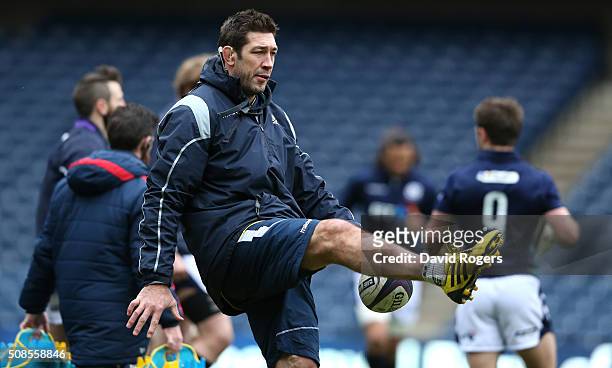 Nathan Hines, resourse coach of Scotland looks on during the Scotland captain's run at Murrayfield Stadium on February 5, 2016 in Edinburgh, Scotland.