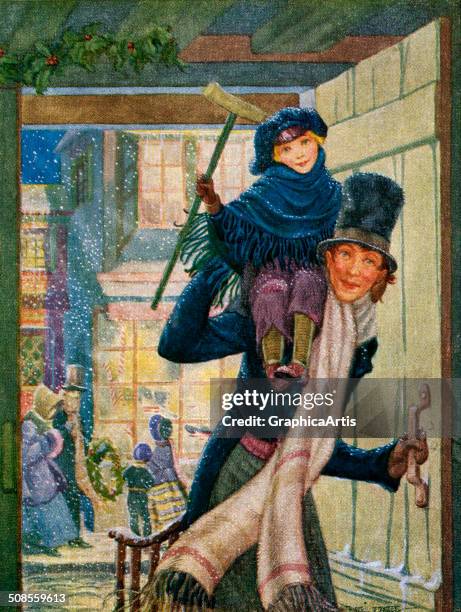 Illustration of Bob Cratchet and Tiny Tim from a scene in 'A Christmas Carol' by Charles Dickens, 1909.