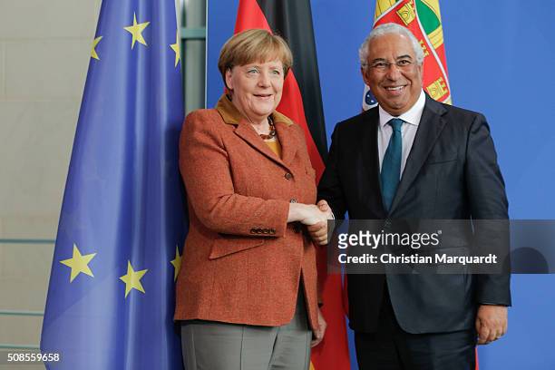 German Chancellor Angela Merkel attends a press conference with Portuguese Prime Minister Antonio Costa following talks on February 5, 2016 in...