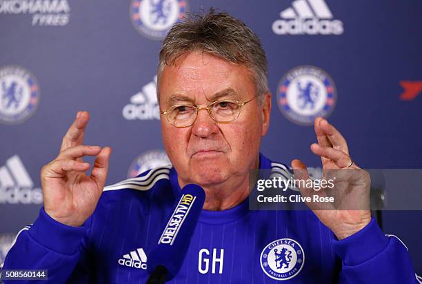 Interim manager Guus Hiddink of Chelsea talks to the media during a Chelsea Press Conference at Chelsea Training Ground on February 5, 2016 in...