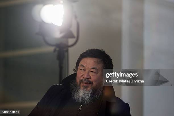 Chinese artist Ai Weiwei prepares for an interview with Czech Television at the Trade Fair Palace run by the National Gallery on February 5, 2016 in...